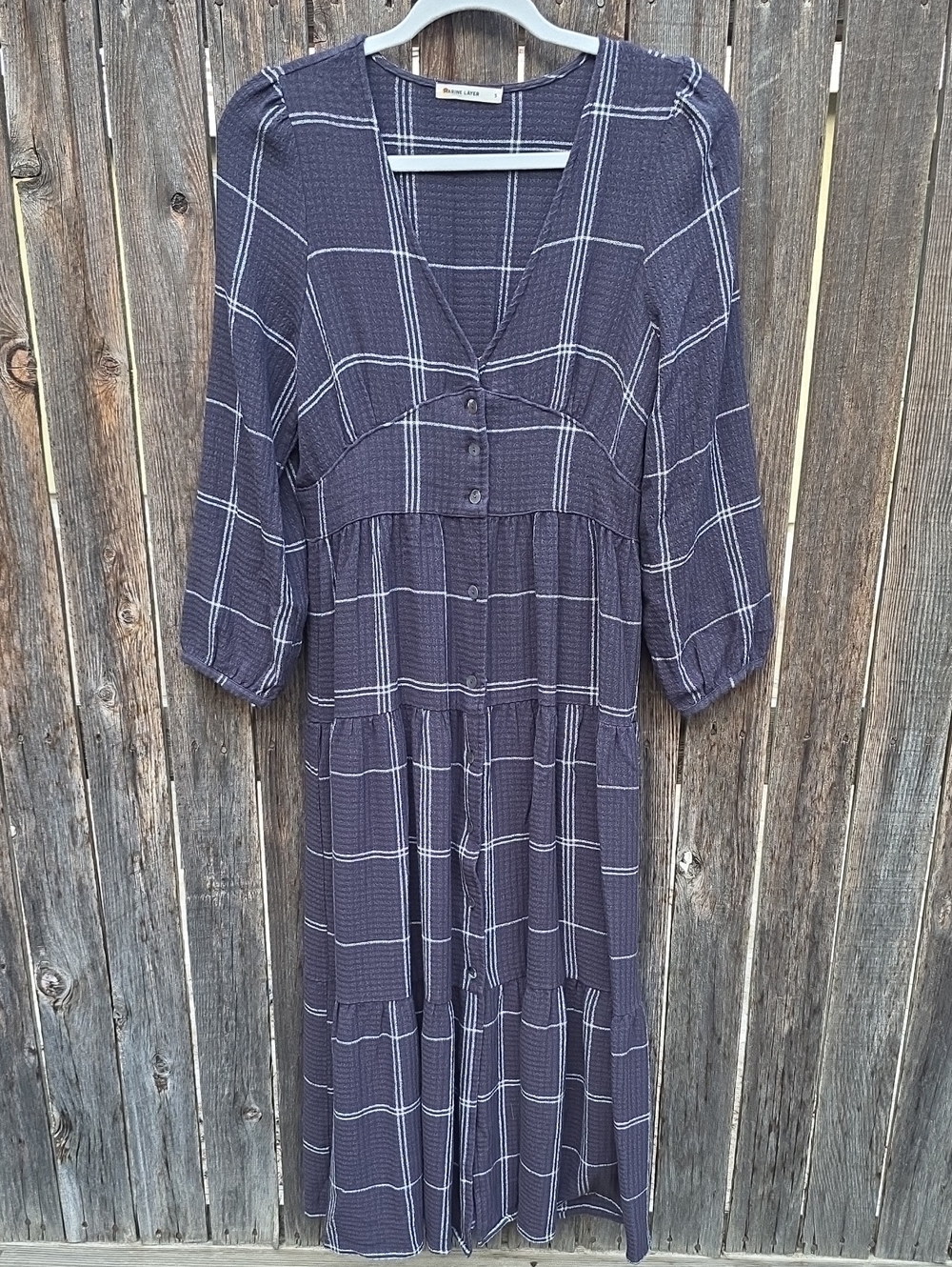 Marine Layer Navy Plaid Button Down Tiered Dress with White Windowpane